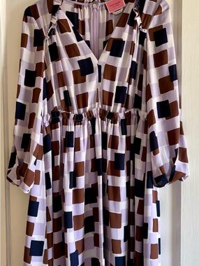 kate spade Lilac Geometric Long Sleeve Dress with Navy & Brown Accents